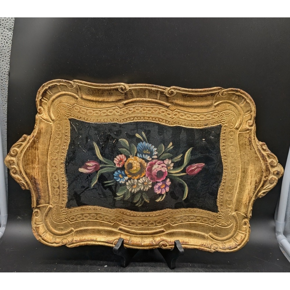 Vintage Florentine Italian Wood Tray Gold Gilt Hand Painted Floral Black Small